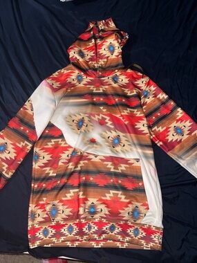 Women’s Tribal Print Teddy Hoodie Jacket in Red & Brown